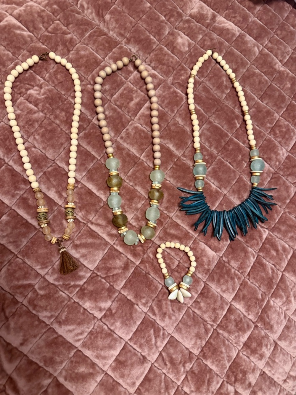 Beige and Teal Beaded Statement Necklaces- Women Jewelry All pieces included
